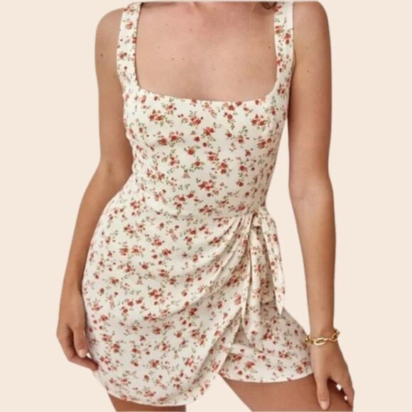 White Floral Mini Wrap Waist Dress Size 2 - Picture 1 of 12